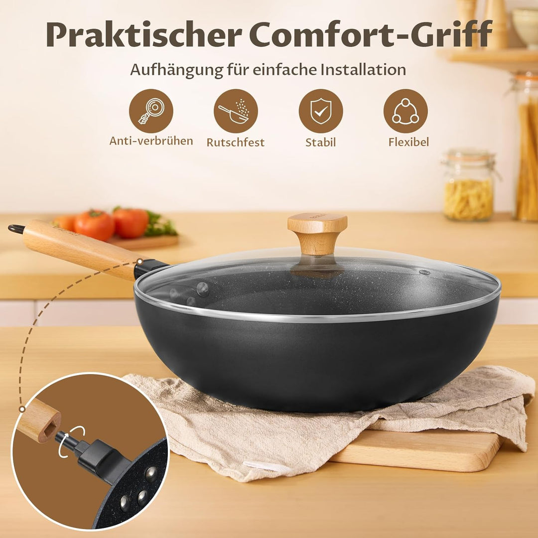 BEZIA Induktions Wok Pfanne mit Deckel, Antihaft-Wokpfanne 30 cm, Wok zum Braten mit Holzgriff, flac