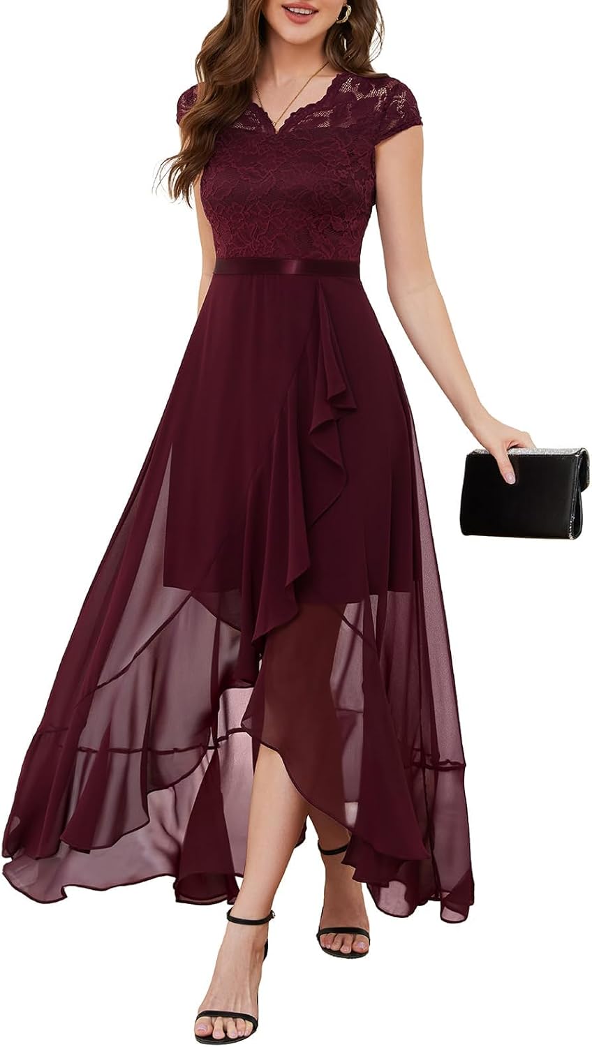 Bbonlinedress Abendkleider elegant für Hochzeit Spitzenkleid Chiffon Hi-Lo Kleid Brautjunferkleid Br