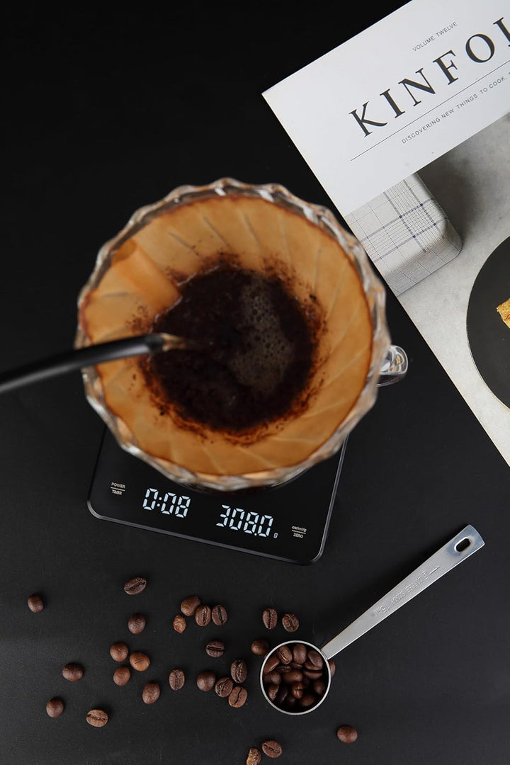 INF Wiederaufladbare Kaffeewaage mit Timer 3 kg / 0,1 g, Hohe Präzision, Tara- und Timerfunktion, Me
