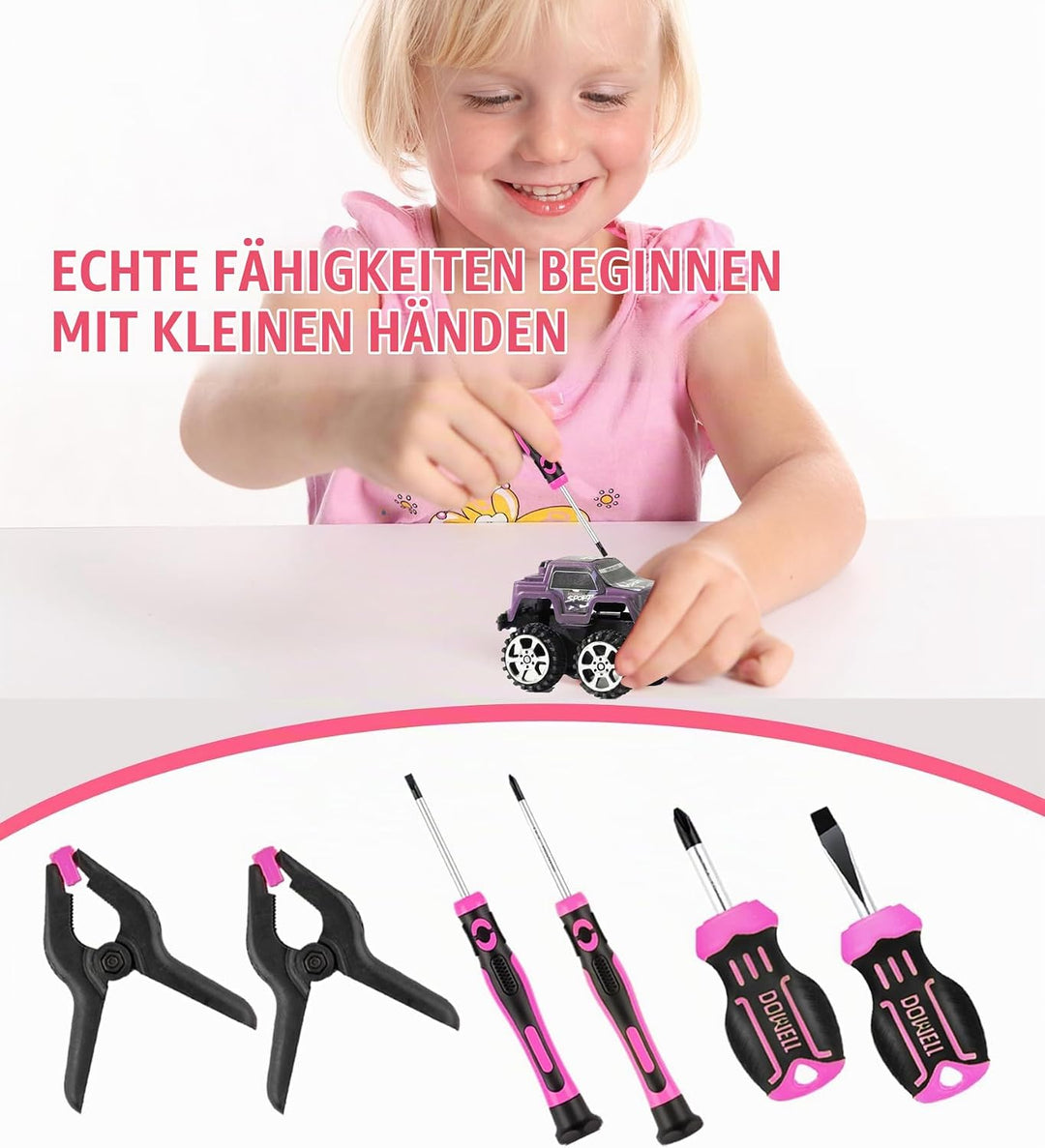 DOWELL 14 Stück Werkzeuge Set Pink, Werkzeugsatz mit Aufbewahrungstasche für Heimdekoration, DIY Geb