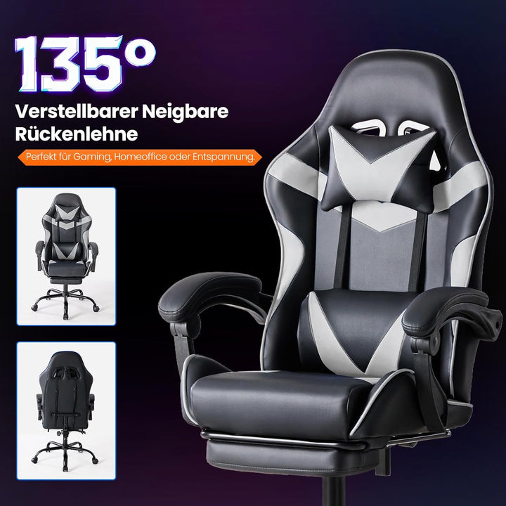 Sweetcrispy Gaming Stuhl, Gaming Chair mit Fussstütze Kopfstütze Lendenwirbelstütze, Ergonomischer P
