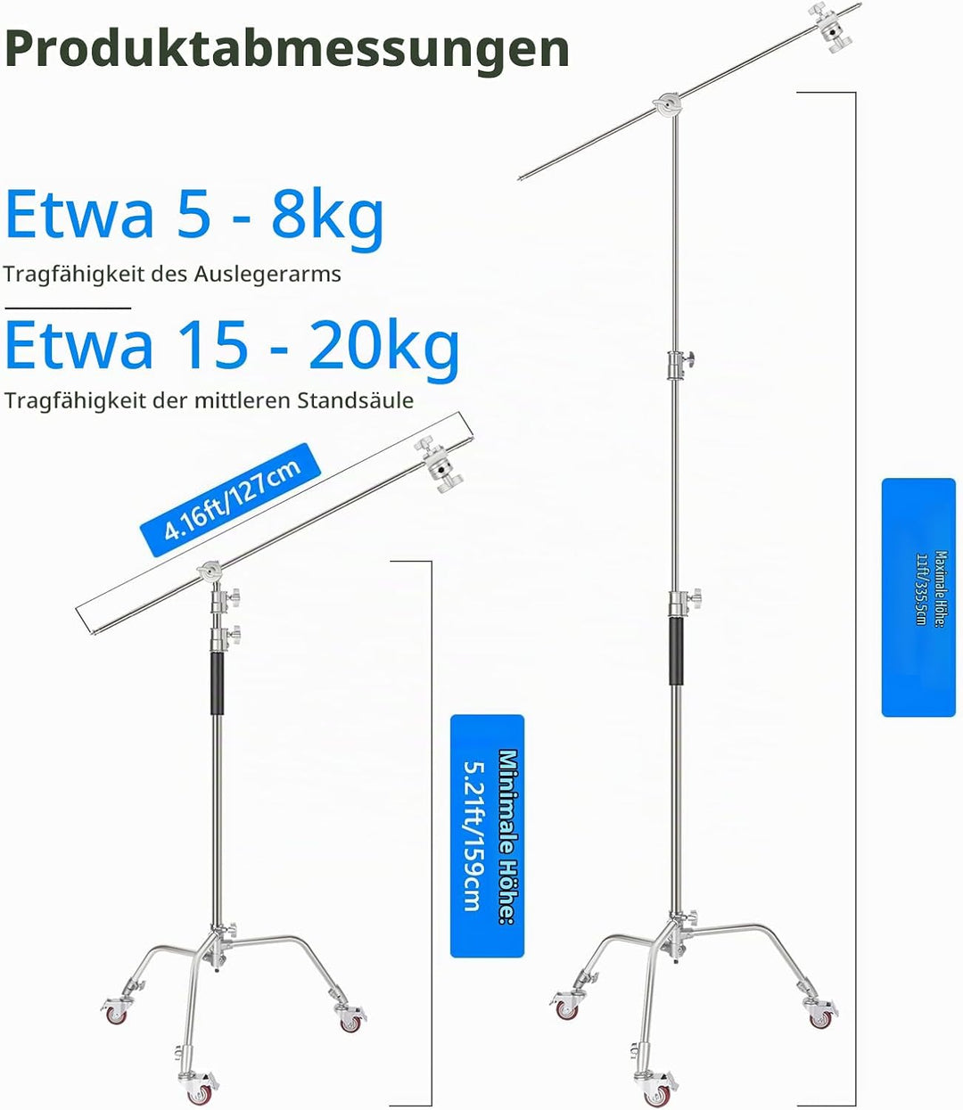 NEEWER Pro 100% Metall C Ständer Lichtständer mit Rädern, max. Höhe 330 cm Verstellbarer Reflektorst