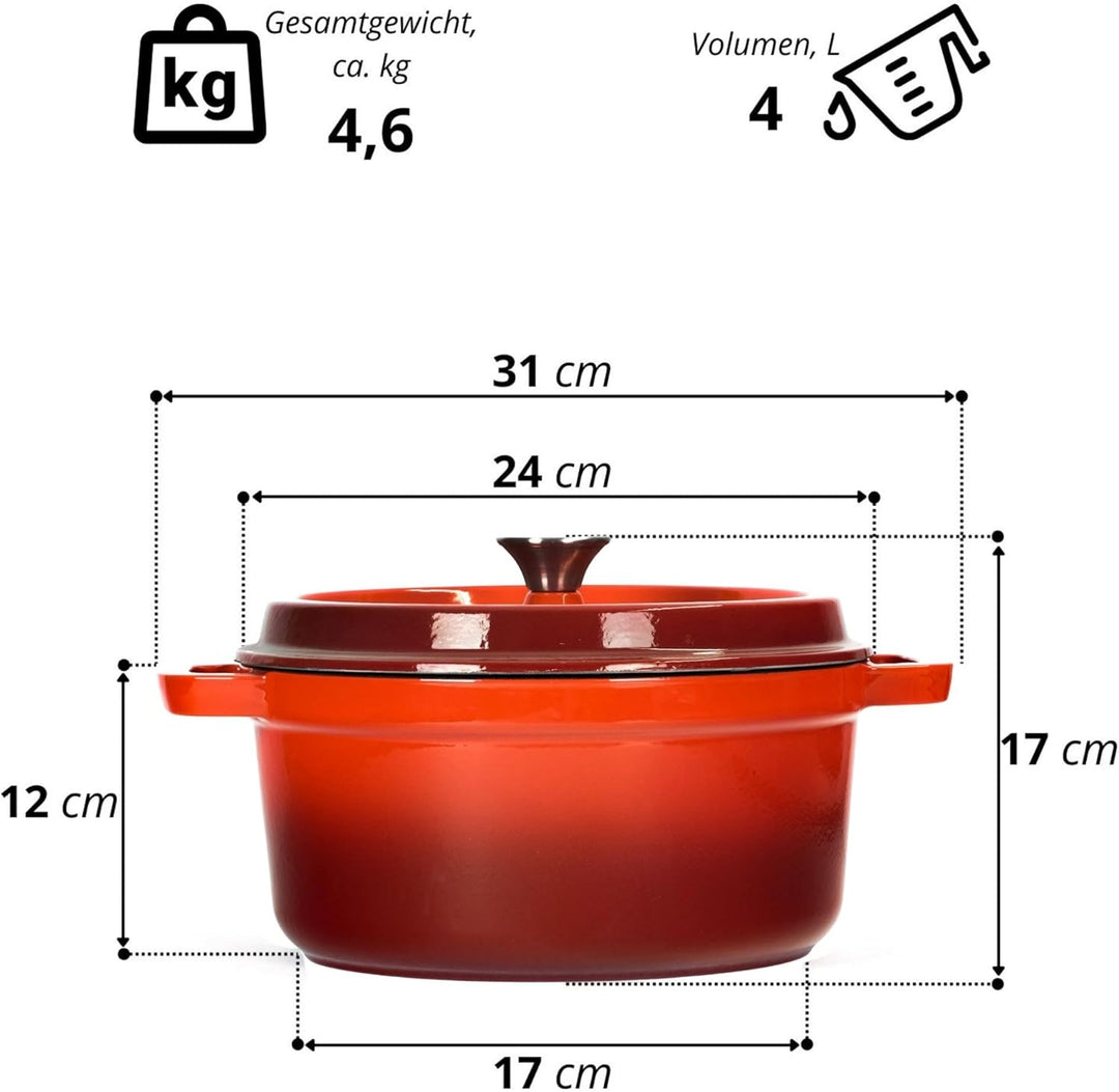 Schmortopf aus emailliertem Gusseisen 24 cm 4 L Gusseisentopf Emailliert Bräter Cocotte Dutch Oven B
