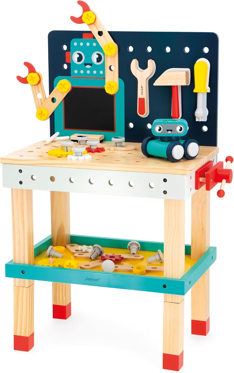 Janod - Brico'Kids Grosse Roboter-Werkbank - Bauspiel Kind - 51 Bauelemente + 3 Werkzeuge + 1 Robote