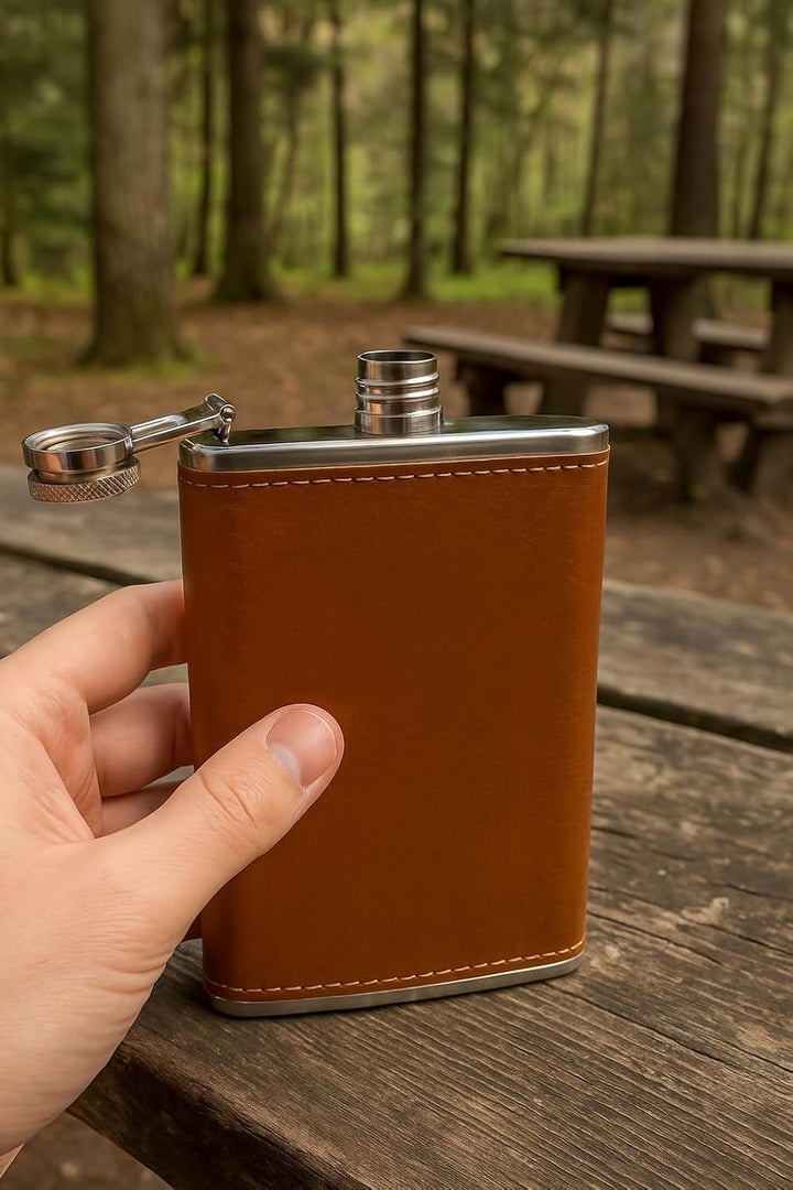 OUTDOORSAXX Edelstahl Flachmann 240ml im Leder Design inkl. Trichter, braun