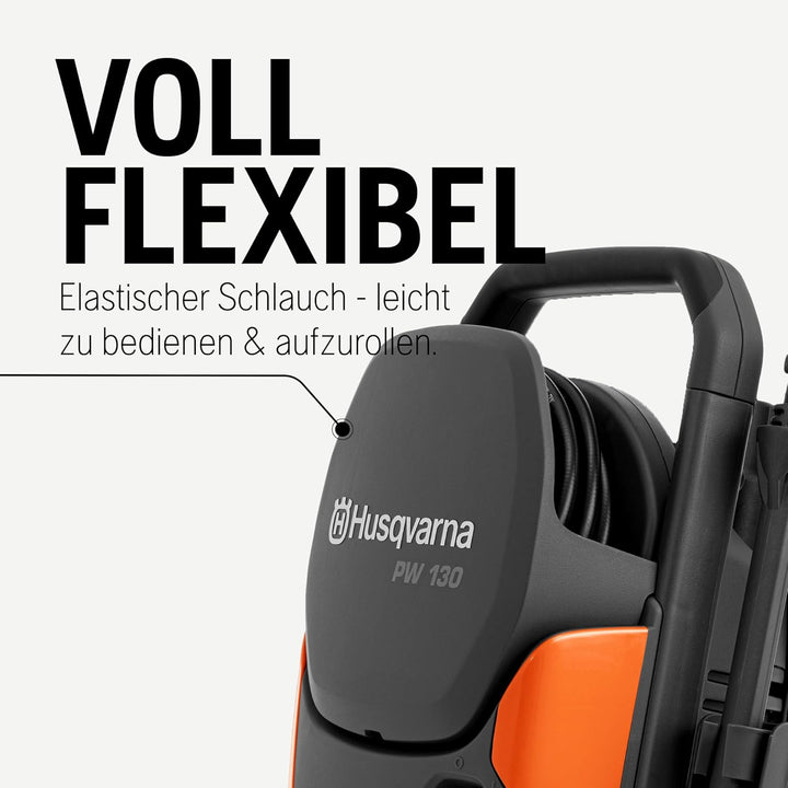 Husqvarna PW 130 Hochdruckreiniger – 130 Bar, 465L/h Durchflussmenge, Metallpumpe, 6 m Schlauch, Sch