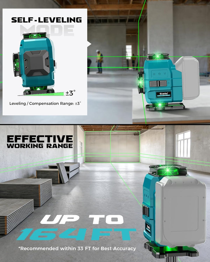 Ecarke 4D Kreuzlinienlaser Grün 16 Linien 4x360° mit Stativ, kompatibel mit Makita 18V Akku, Selbstn