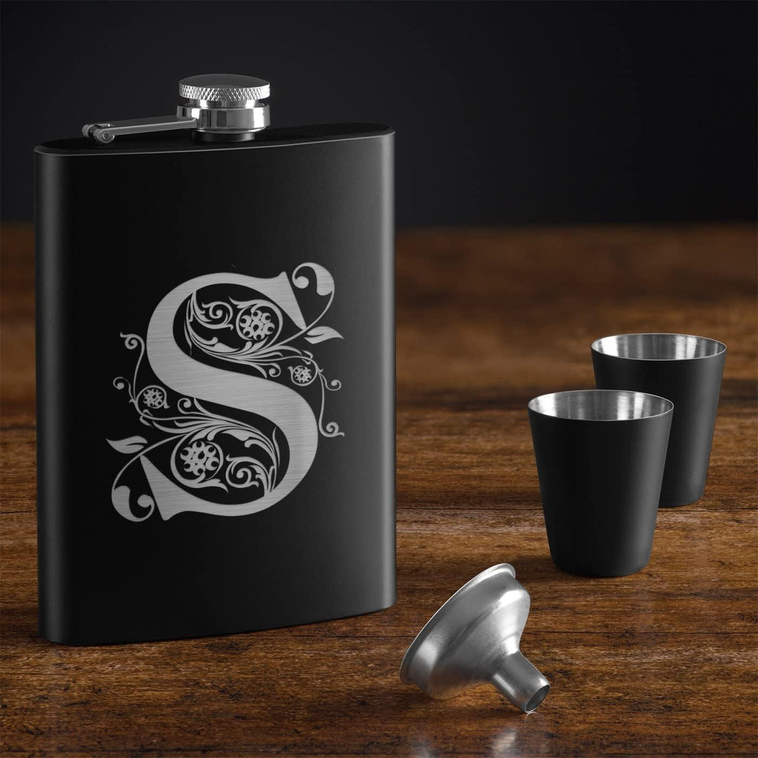 Maverton Flachmann Set 200 ml mit Gravur - Taschenflasche + 4 Schnapsgläsern 20 ml mit Trichter - Br