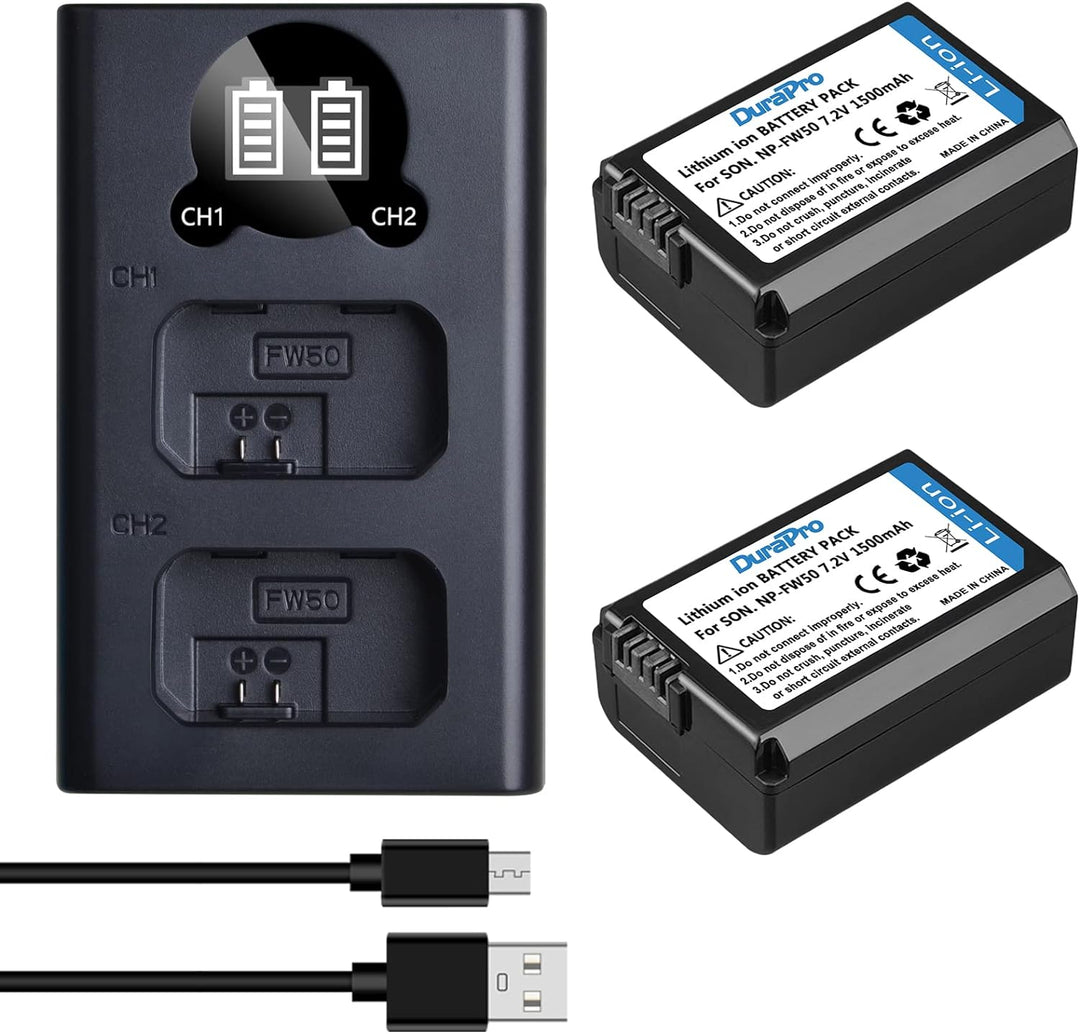 DuraPro NP-FW50 Ersatz-Akku + LCD-USB-Ladegerät, kompatibel mit Sony a3000 a6000 a6400 a6500, a7, 7R