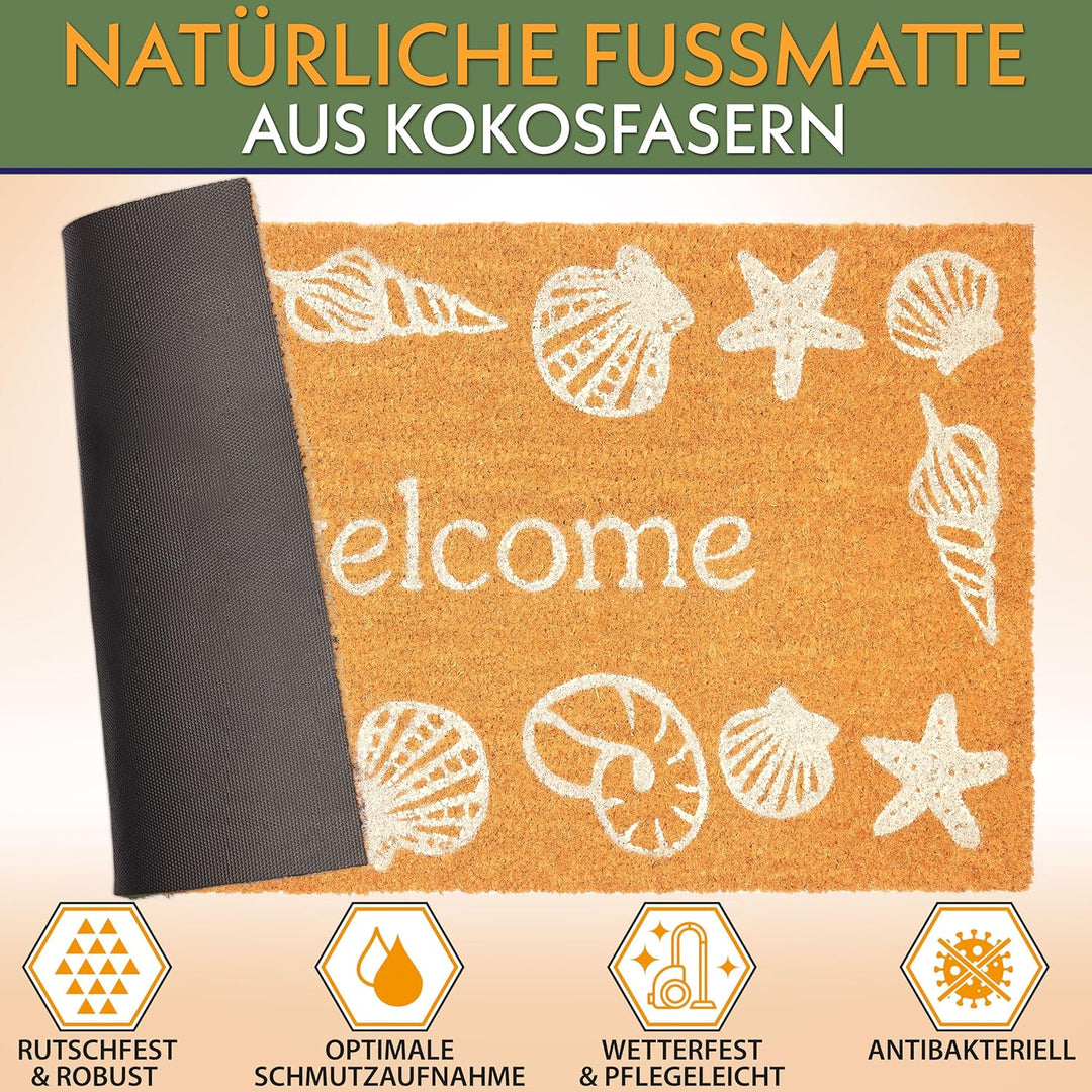 BRUBAKER Fussmatte für Aussen und Innen - Welcome - 45 x 75 cm Strand Schmutzfangmatte mit Muscheln