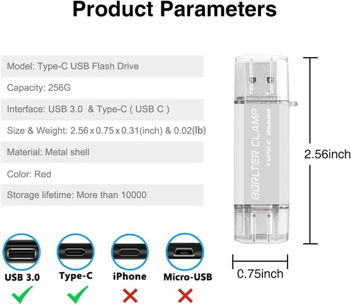 BORLTER CLAMP Type C USB-Stick 256GB OTG 2 in 1 Speicherstick Dual-Port USB 3.0 Flash-Laufwerk mit U