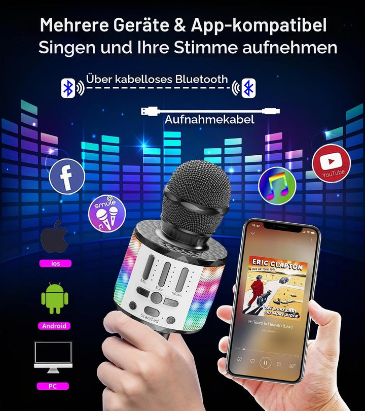 Karaoke Mikrofon, Drahtloses Bluetooth Mikrofon Kinder mit LED, Tragbares Karaoke Maschine zum Singe