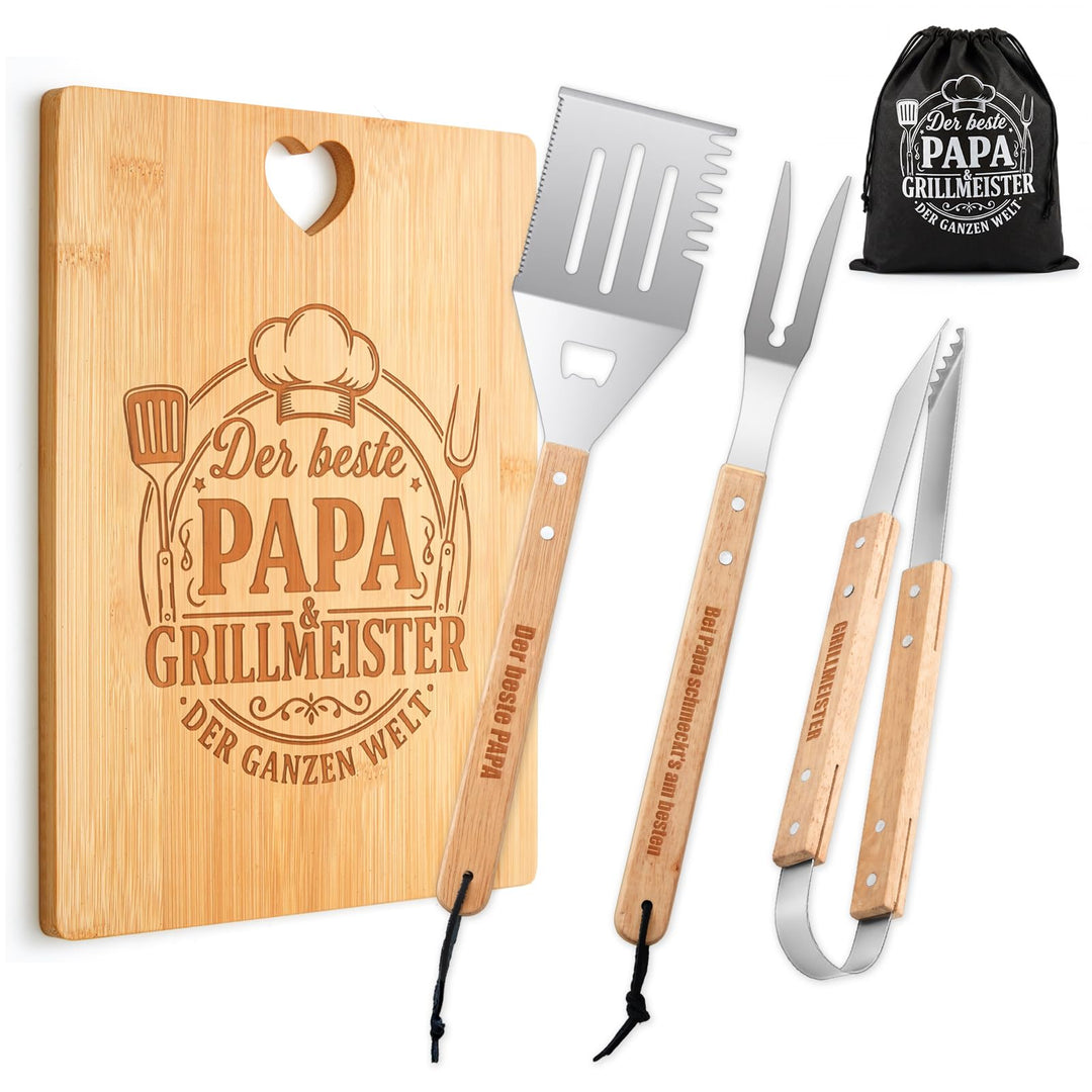 Papa Geschenk 5 Stück Grillset inklusive Graviertes Bambus Schneidebrett und Grillbesteck Set mit Au