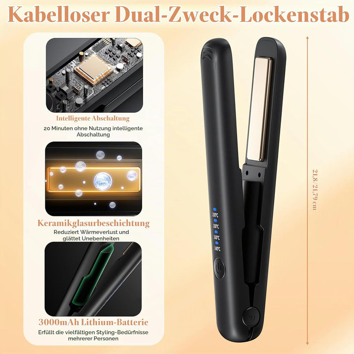 Foreverup Mini Glätteisen Kabellos, 2 in 1 Haarglätter Glätteisen mit 4 Temperaturen, Wiederaufladba