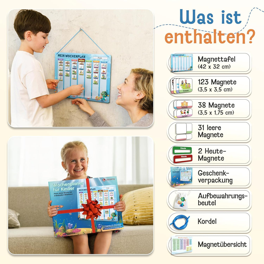 LIKARTO Wochenplaner Kinder – [DAS ORIGINAL] – Montessori Aufgabenplaner & Magnettafel – individuell