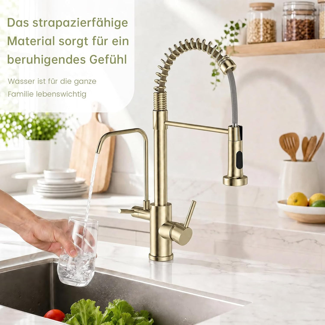 3 Wege Wasserhahn Küche, Gold Gebürstet 3 in 1 Wasserhahn Küche Ausziehbar | 360° Drehung Wasserhahn