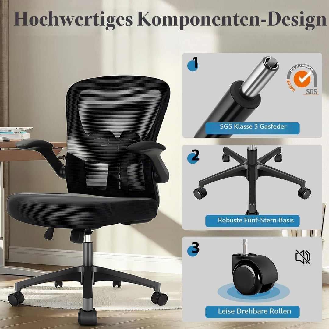 Durrafy Ergonomischer Bürostuhl, Schreibtischstuhl mit hochklappbaren Armlehnen, Verstellbarer Lende
