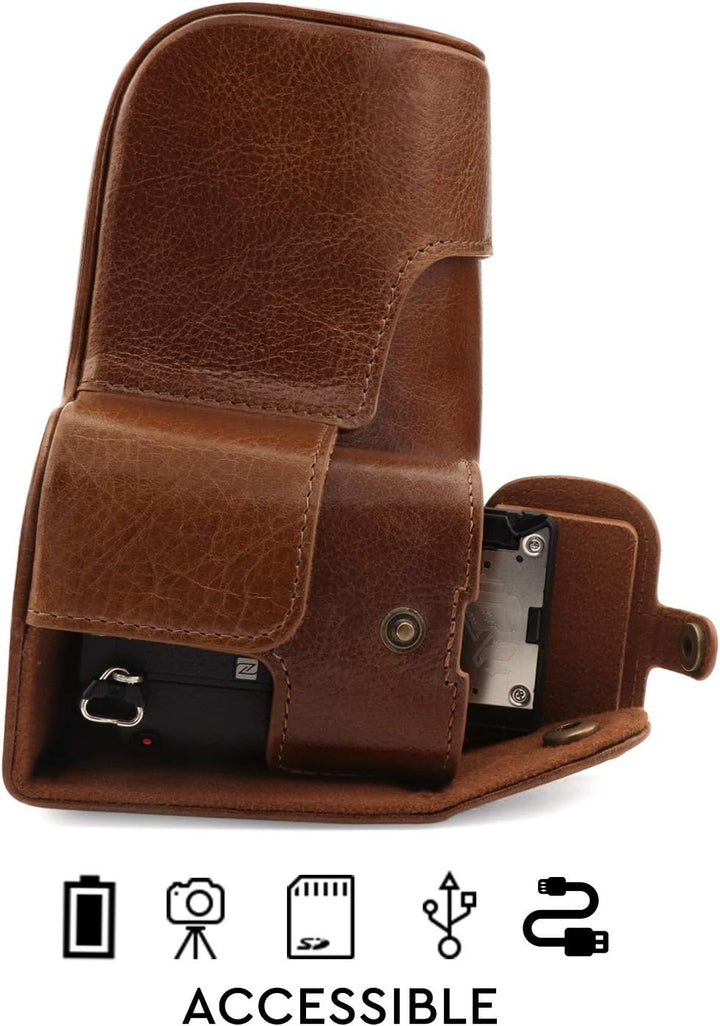 MegaGear Ever Ready Echtleder Kameratasche mit Trageriemen kompatibel mit Sony Alpha A6600 Dunkelbra