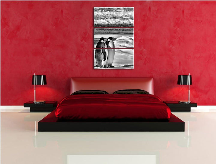 Pixxprint Monocrome, Zwei Kaiserpinguine auf Eisscholle 3-Teiler Leinwandbild 120x80 Bild auf Leinwa
