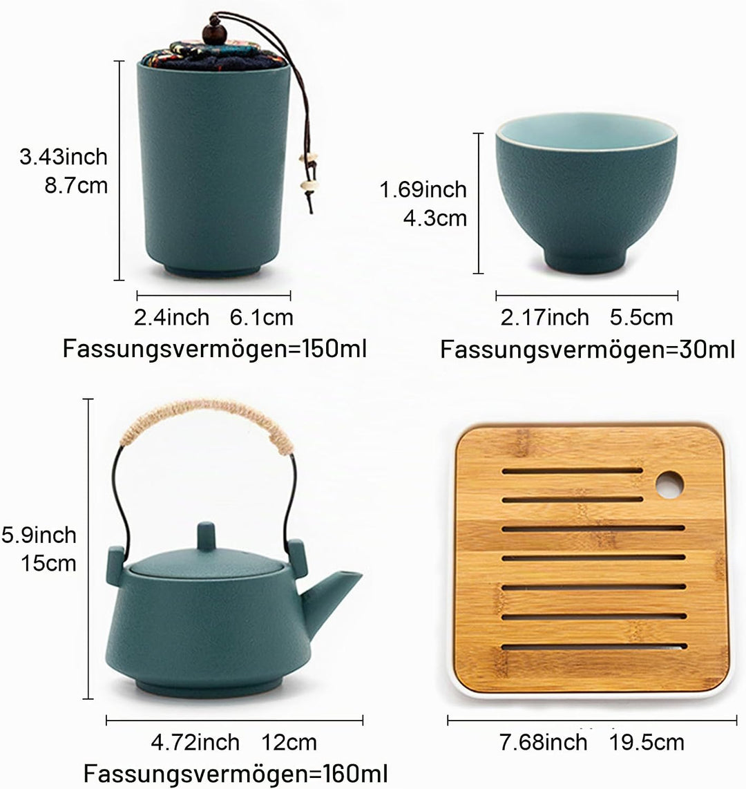 fanquare Japanisches Tragbare Reise Tee Set mit Reisetasche, Grün Chinesisches Tee Set aus Keramik,