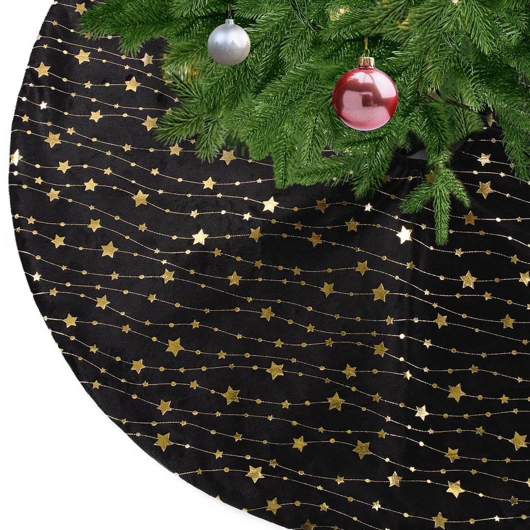 KONVINIT Weihnachtsbaumdecke Rund Schwarz Plüsch Christmasbaumdecke mit Sternen Weihnachtsbaum Rock