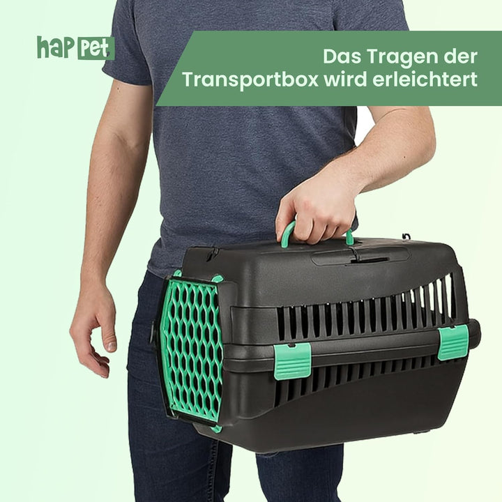 HAPPET Tiertransportbox Teddy M Grün 56x37x37 cm – Robuste, gut belüftete Transportbox für Katzen &