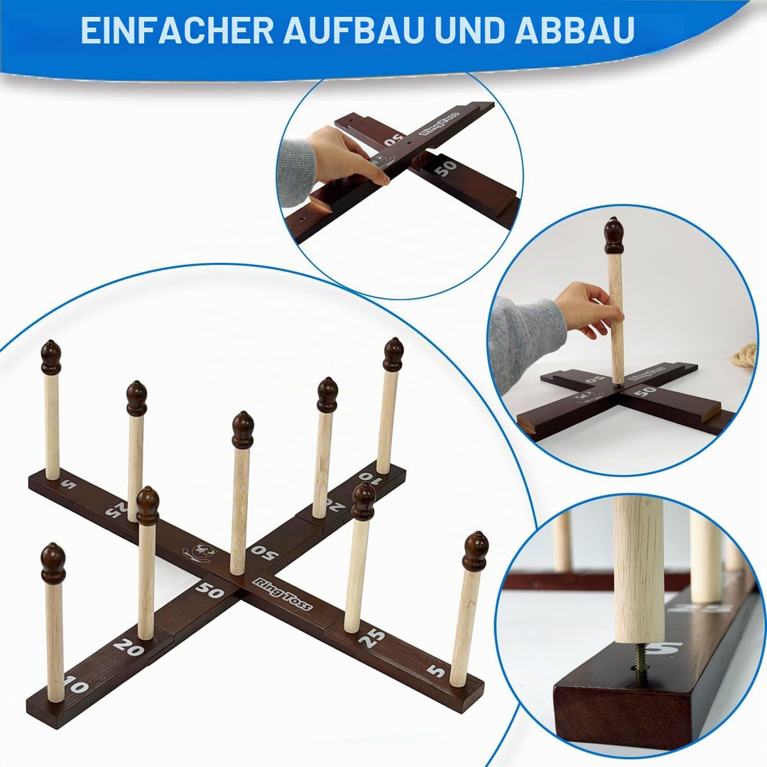 Quoits Ringwurfspiel aus Holz – Wurfspiel-Set mit Tragetasche 10 x Seilringe, 10 x Seilringe
