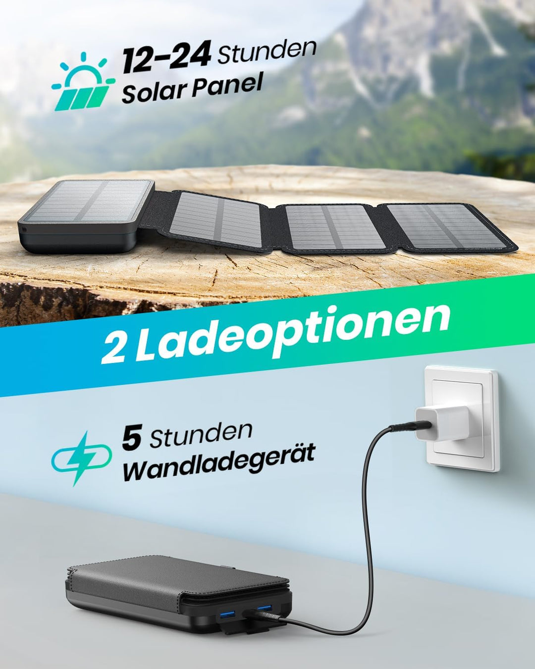 Solar Power Bank - A ADDTOP Solar Ladegerät Tragbares Powerbank Schnelles Aufladen Noir, Noir