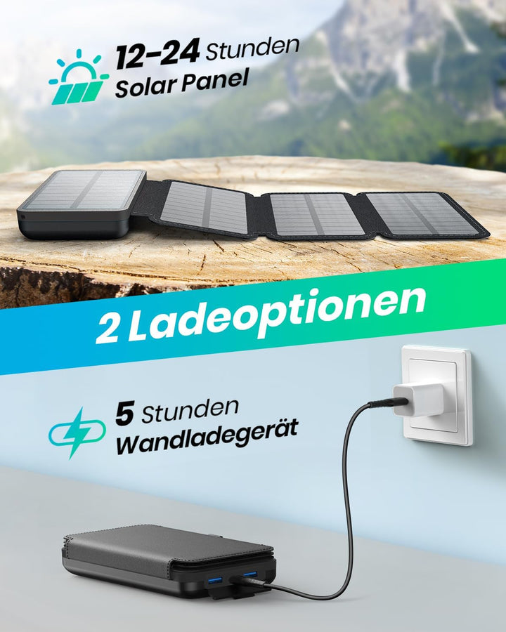 Solar Power Bank - A ADDTOP Solar Ladegerät Tragbares Powerbank Schnelles Aufladen Noir, Noir