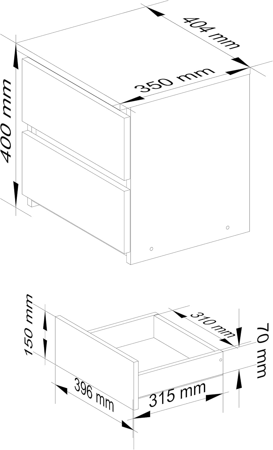 AKORD Nachttisch in minimalistischer Optik, mit 2 Schubladen, B40 x H40 x T35 cm Weiss, Weiss