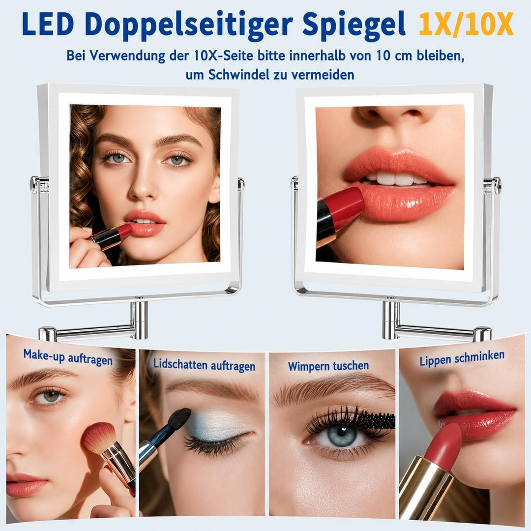 Ruacq Wiederaufladbarer Wand-Make-up-Spiegel mit Beleuchtung, doppelseitig, 1-fach/10-fache Vergröss