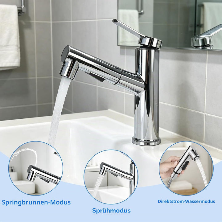 Wasserhahn Bad mit Ausziehbar Brause, Hochdruck Waschtischarmatur Einhebelmischer mit 3 Strahlarten,