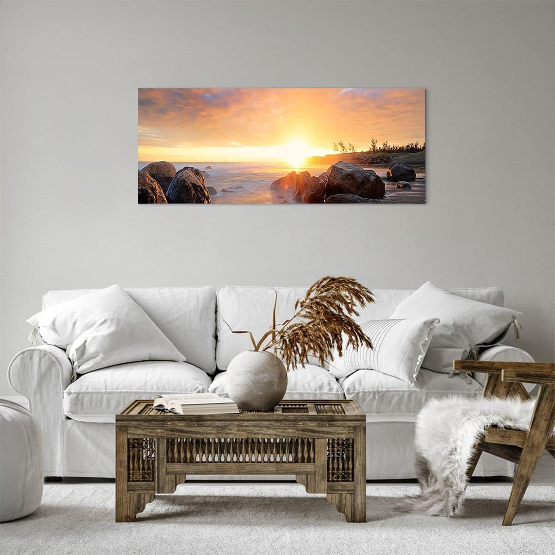 Panorama Bilder auf Leinwand 100x40cm Leinwandbild Meer Strand Felsen Gross Wanddeko Bild Schlafzimm