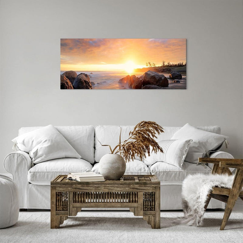 Panorama Bilder auf Leinwand 100x40cm Leinwandbild Meer Strand Felsen Gross Wanddeko Bild Schlafzimm