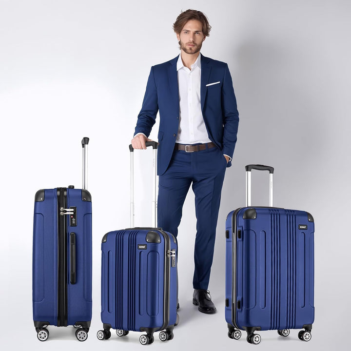KONO Hartschale Gepäck Leichten ABS Reisekoffer Rollenkoffer 4 Rollen Dunkelblau 3 Teilig Kofferset,