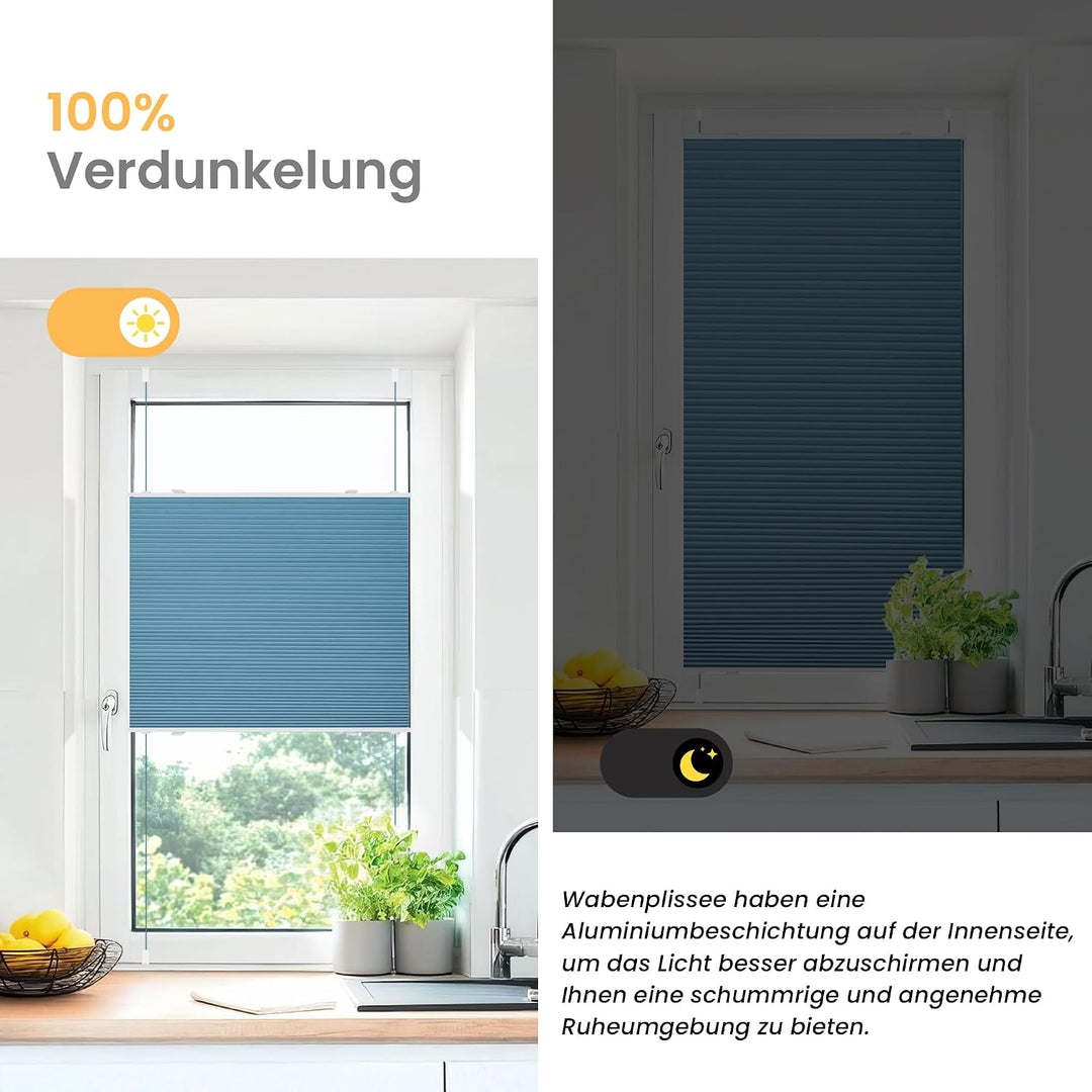 BelleMax Wabenplissee ohne Bohren verdunkelung Thermo plissee klemmfix, Blau-weiss 75x110cm 100% Bli