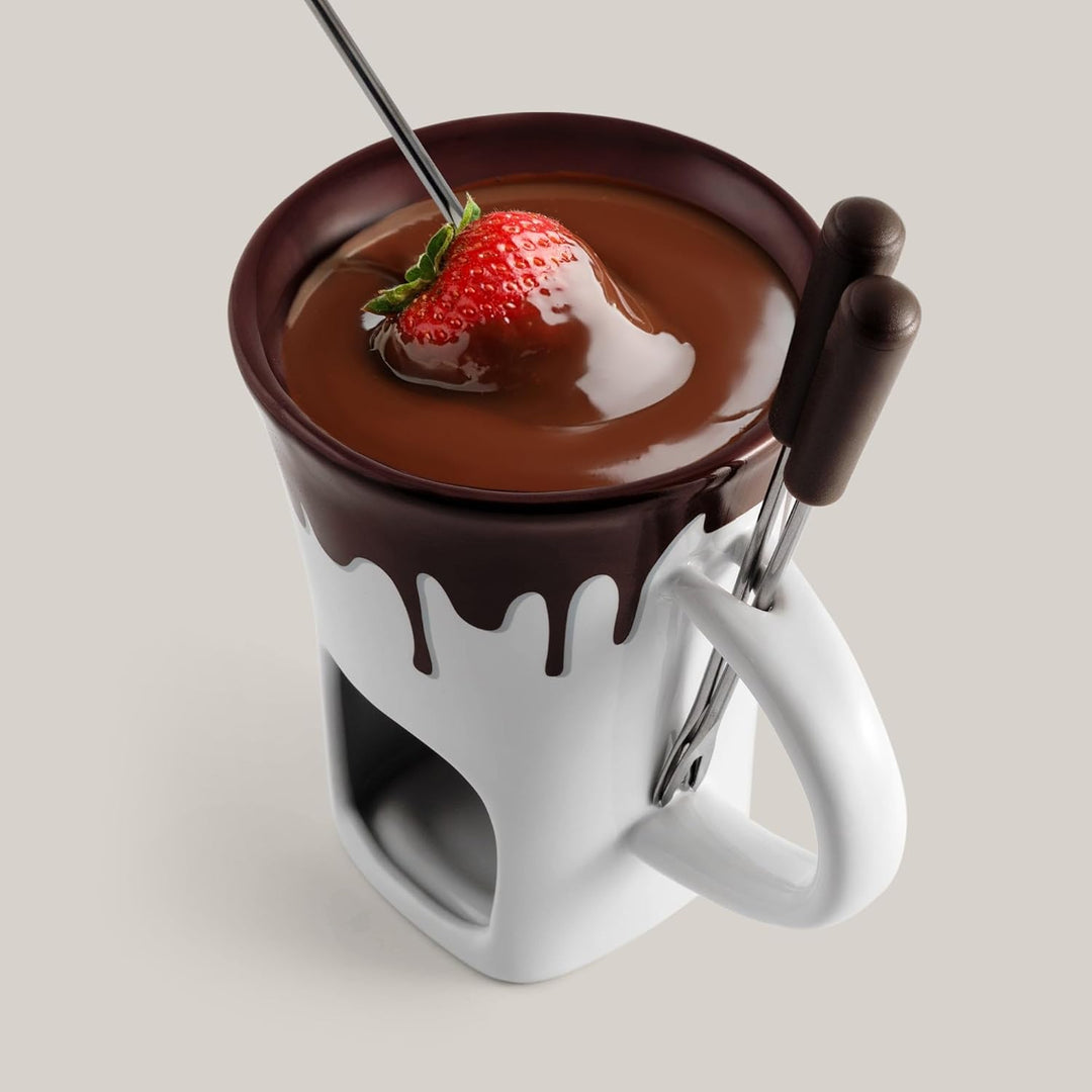 4 tlg. Schokofondueset mini, Kleines Fondue, Schokofondue, Fonduetasse, Tasse, Gabeln, Teelichtfondu