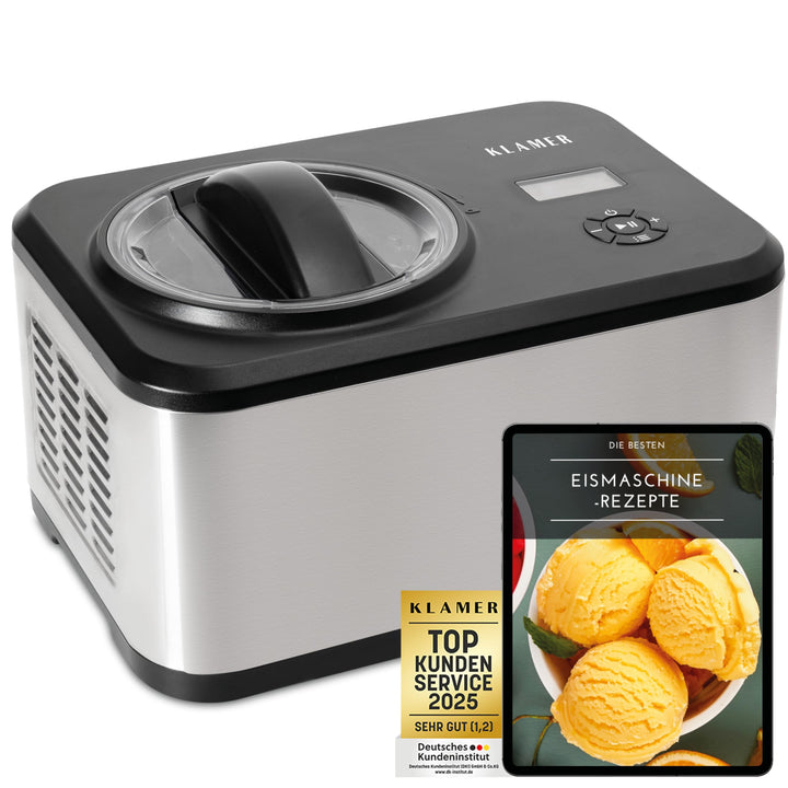 KLAMER Eismaschine 1,5L, 120 W Eiscrememaschine aus Edelstahl mit Kühlfunktion, hausgemachtes Speise