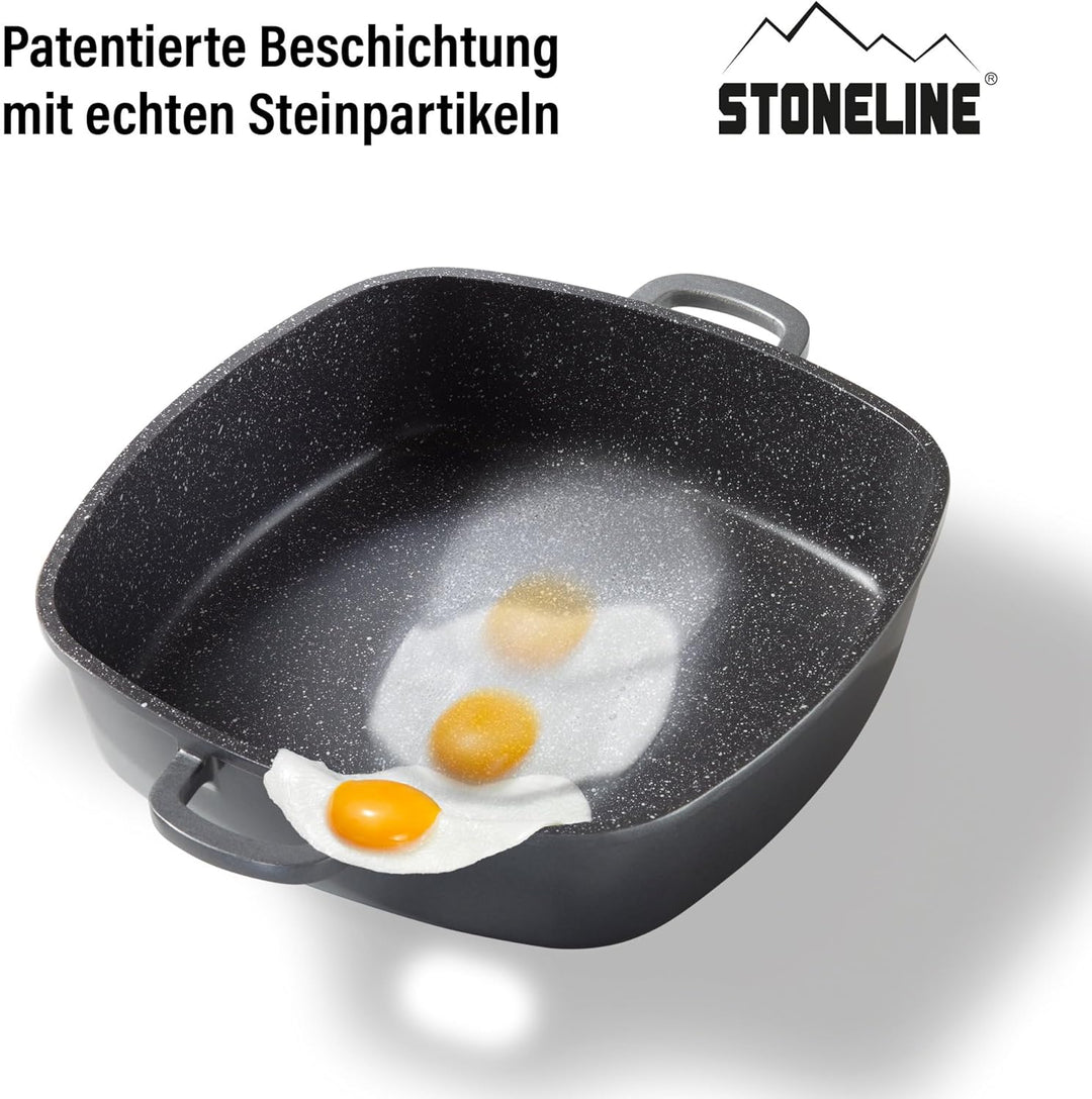 STONELINE Servierpfanne Eckig 28 cm, Eckige Pfanne Induktion mit Deckel, Aroma Funktion, Aluguss, An