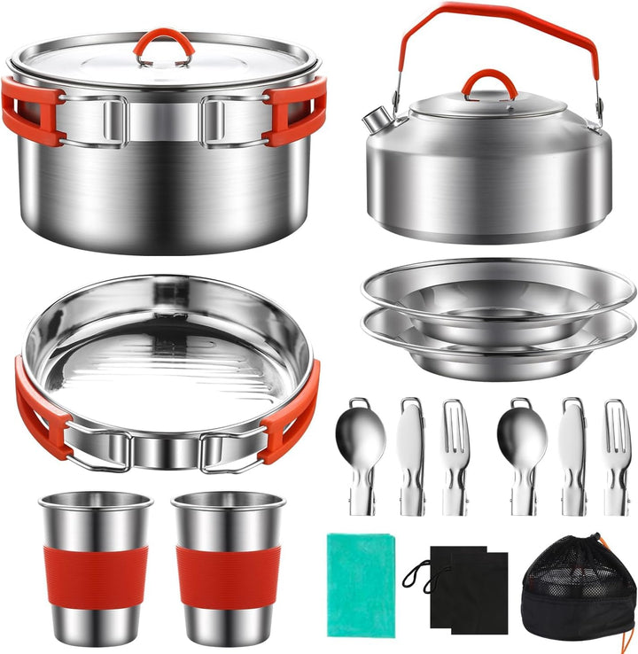 Camping Kochgeschirr Kit, 304 Edelstahl Camping Kochset, Camping Topf und Pfanne Set mit Wasserkoche