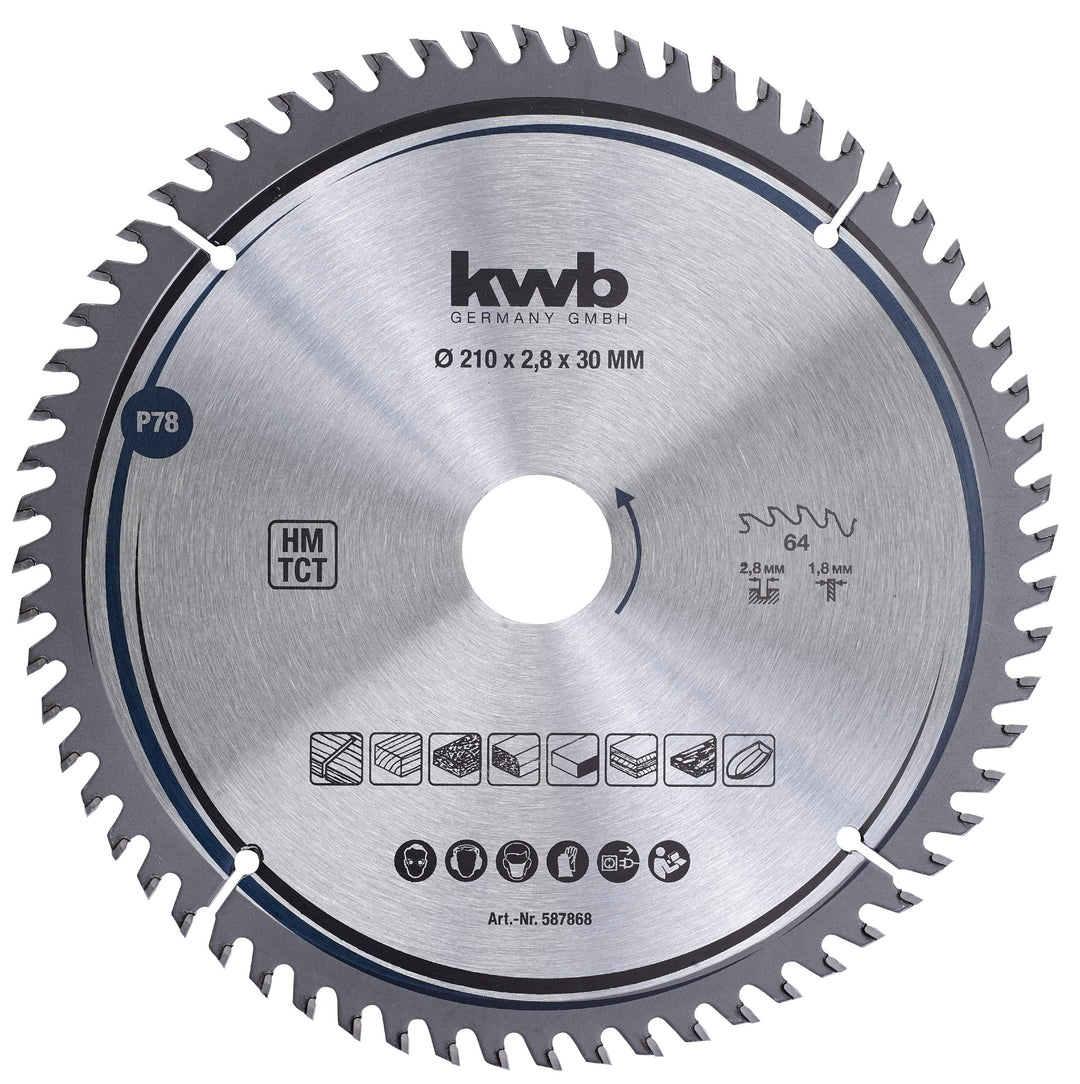 kwb Kreissägeblatt 210 x 30 mm, sehr feiner Schnitt, Sägeblatt geeignet für Arbeitsplatten, Holz und