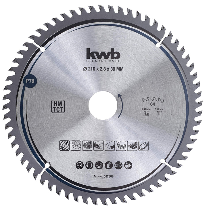 kwb Kreissägeblatt 210 x 30 mm, sehr feiner Schnitt, Sägeblatt geeignet für Arbeitsplatten, Holz und