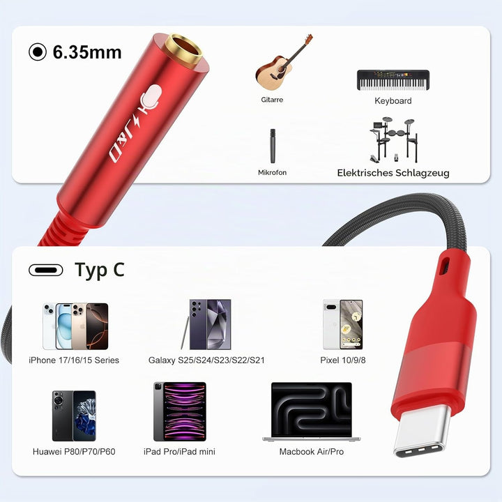 J&amp;D USB Type C zu 1/4 TS Audio Aufnahme Adapter, USB C zu 6,35 mm TS Buchse Gitarrenkabel, Mikrofonk