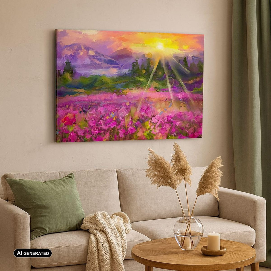 Bilder auf Leinwand Berge Blumen Blumen Leinwandbild mit Rahmen 70x50cm Wandbilder Dekoration Wohnzi