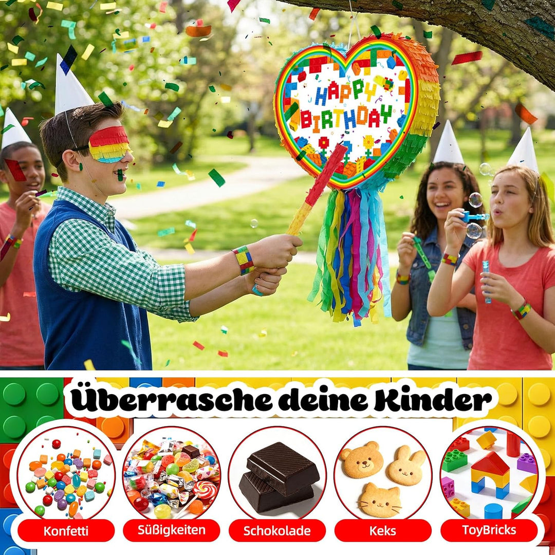 Pinata Geburtstag Happy Birthday Baustein Pinjatta mit Augenbinde und Stock zum Aufhängen Befüllen F