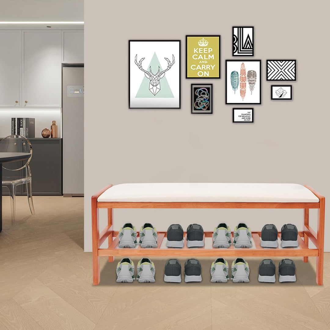 Rotbraune Schuhbank aus Gummiholz mit PU Sitzkissen freistehend | 100 mal 34 mal 42 cm Gesamtgrösse