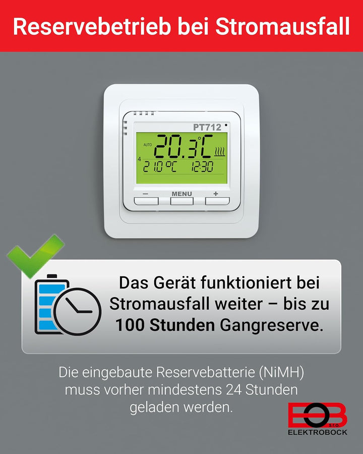 ELEKTROBOCK PT712-EI Raumthermostat 230V – Digitaler Thermostat für elektrische Fussbodenheizung – W