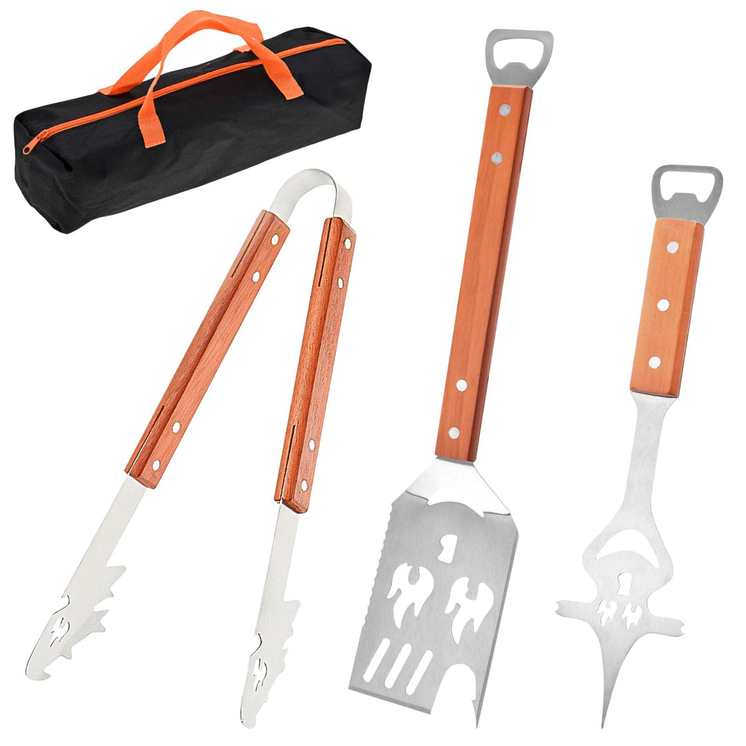 4 Stück Grillbesteck, Grill Zubehör Set mit Grillzange, Grillwender, Fleischgabel, Holzgriffen und A