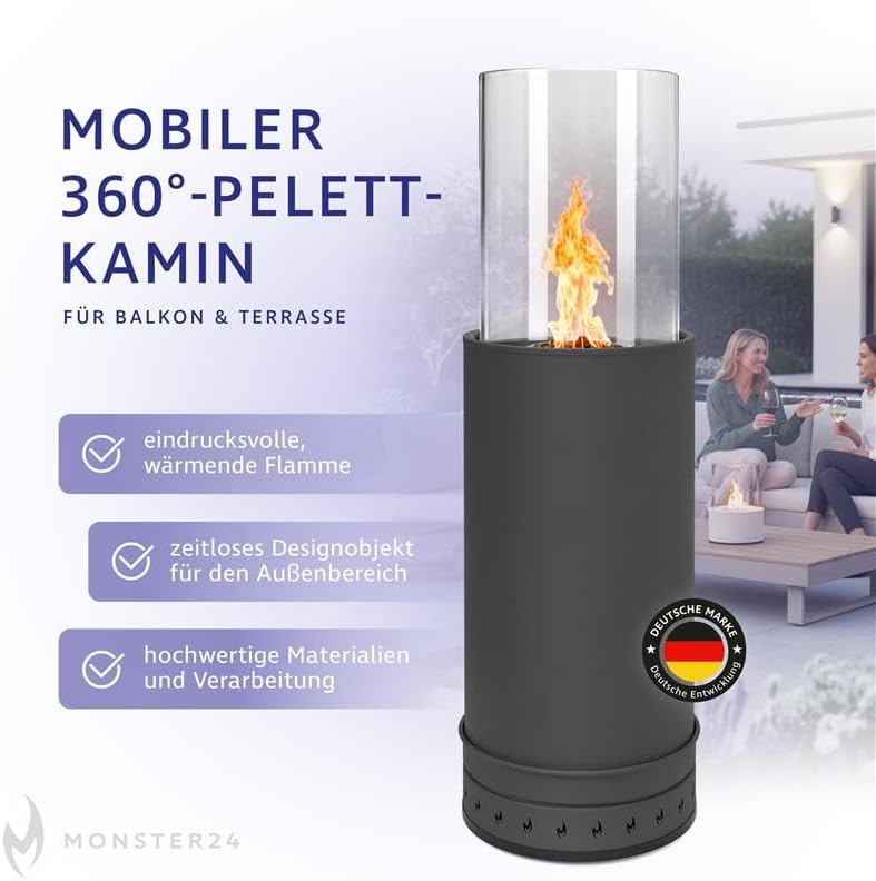 Monster24 Standkamin, rund, freistehend, 87 x 27 x 27 cm, Pellet Terrassenheizer für Outdoor, Terras