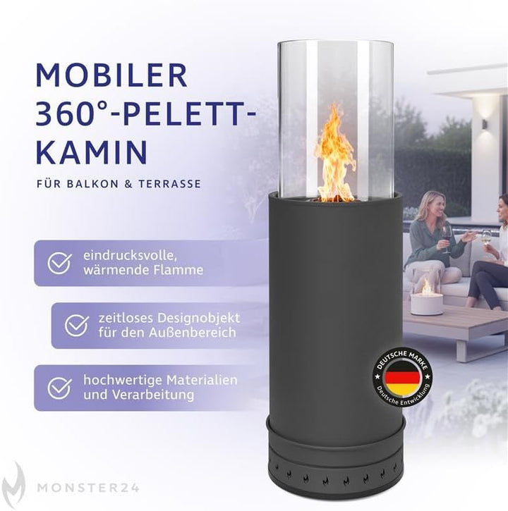 Monster24 Standkamin, rund, freistehend, 87 x 27 x 27 cm, Pellet Terrassenheizer für Outdoor, Terras